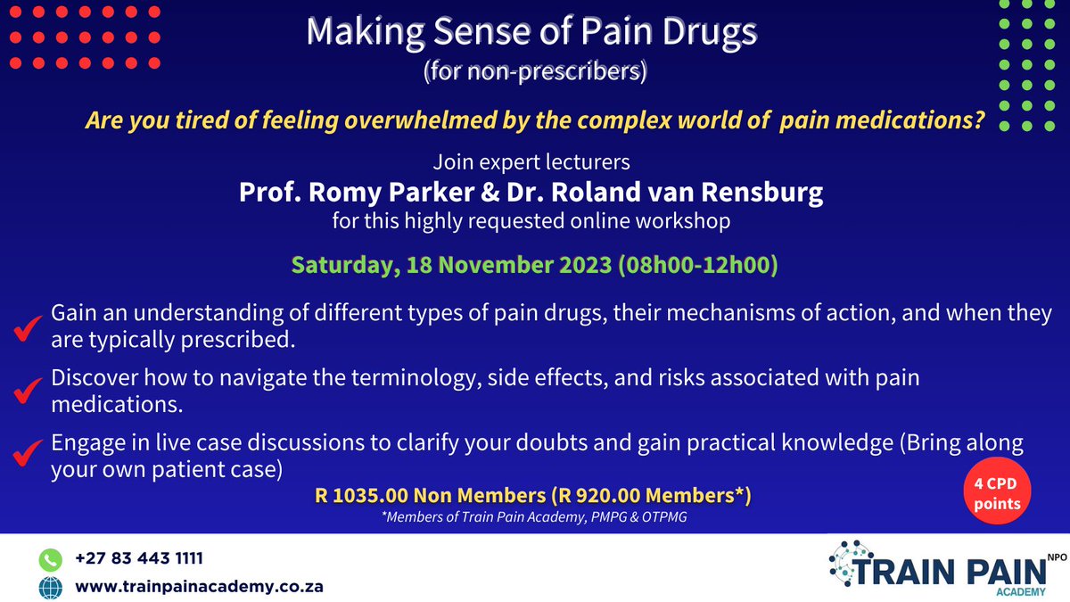 TrainPainSA's tweet photo. Book now for this eagerly anticipated 4hr workshop by Romy &amp; Roland. Seats are limited so grab yours by visiting https://t.co/wcK8API69G
#trainpainacademy #cpdcourses #painmanagement #painmedicines https://t.co/iaAzfSzPOi