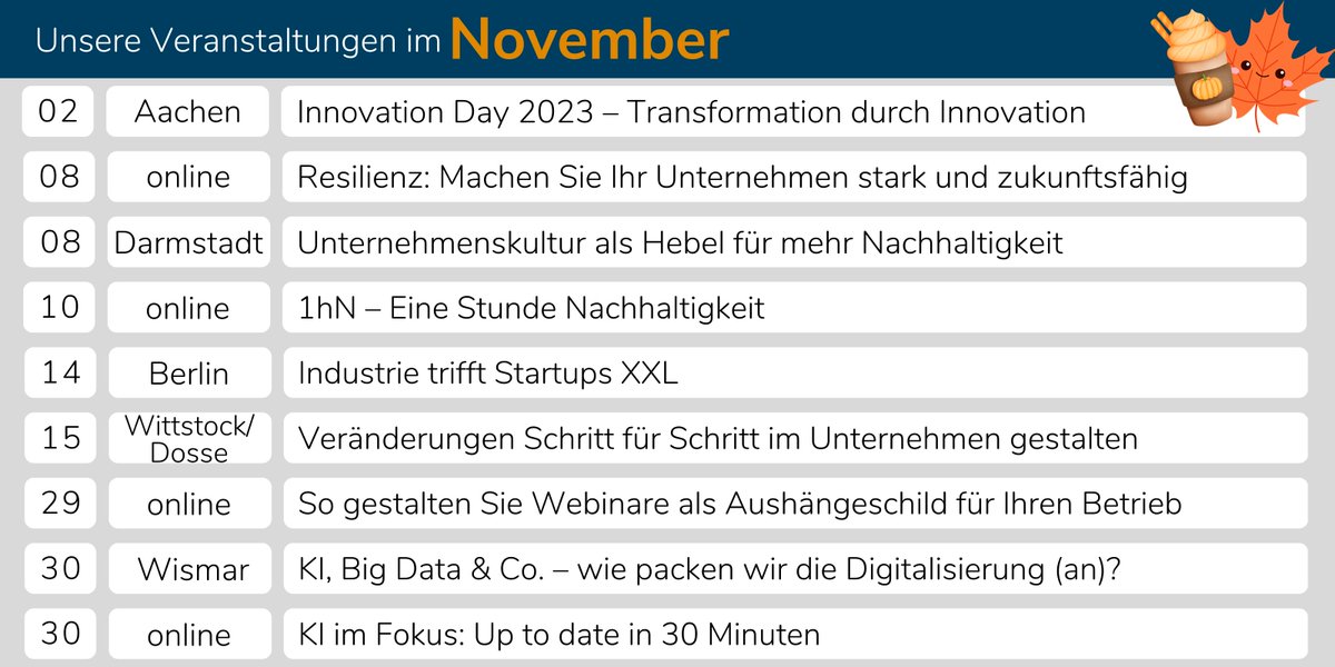 💚 Liebe Community,
hier findet ihr unsere spannende #Veranstaltungen im November! Wir freuen uns auf eure Teilnahme und den Austausch! ✨

➡️ Alle Infos und die Möglichkeit zur Anmeldung findet ihr hier: digitalzentrum-zukunftskultur.de/veranstaltunge…

#Zukunftskultur #KI #Resilienz #Nachhaltigkeit