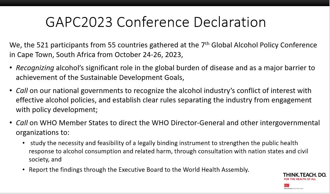 2 of 2. Some closing thoughts regarding the 7th Global Alcohol Policy Conference held in Cape Town 24-26 October 2023. #gapc2023 -- the Conference Declaration. Let's keep the momentum going!