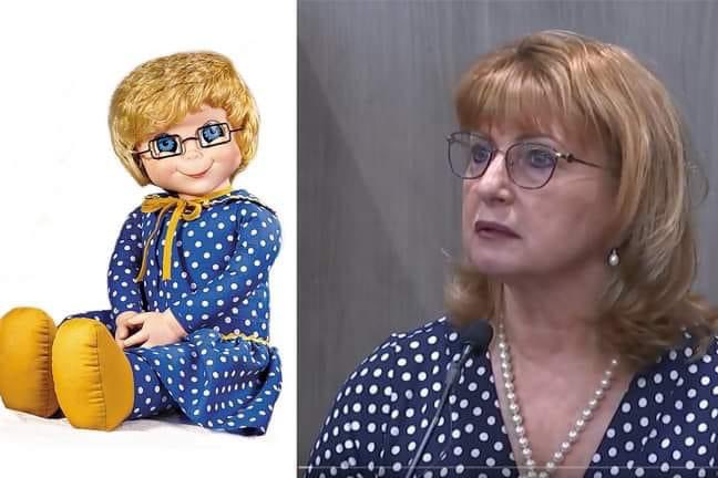 Y’all, I couldn’t place my finger on what was so strange about Cathi Bedy’s look on the stand the other day. Then I came across this little diddy on FB. Remember the talking doll “Mrs. Beasley?” 😬  #TakeCareOfMaya #MayaKowalski