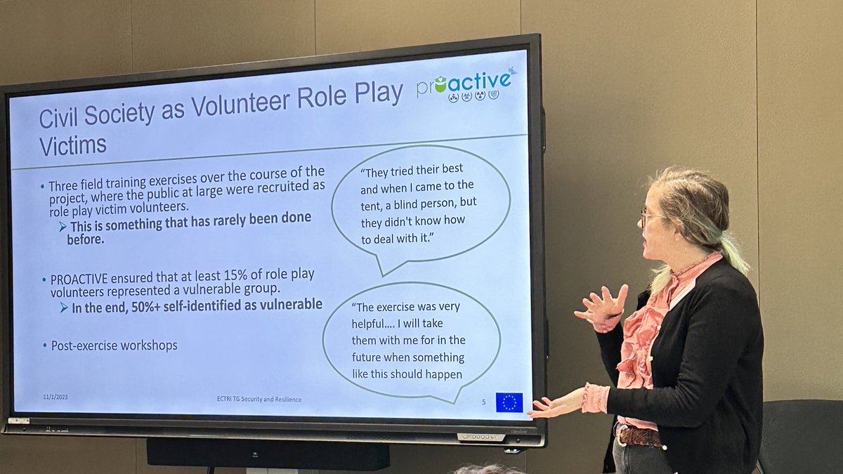 PROACTIVE_EU's tweet photo. At @Needs_conf panel on community engagement in disaster management🚨, @petersen_laura_ describes how we involved locals as role play victims in #CBRN field training exercises ☣️☢️🦺 This ⬆️ resilience of practitioners 👮👩‍🚒 &amp; civil society 👥♿️
#NEEDS2023 #FTX #CBRNe https://t.co/39SCTCYagc