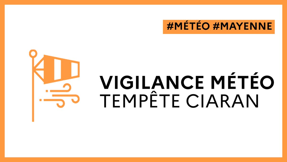 Prefet53's tweet photo. ⚠️TEMPÊTE CIARAN : la #Mayenne est placée en VIGILANCE ORANGE 🟠à compter de minuit jusqu'à demain 8h.
Les rafales de vent pourraient atteindre 100 à 120 km/h dans la nuit, s'accompagneront de fortes précipitations et d'une tendance à l'orage.
⤵️
https://t.co/WUuJZQhasg https://t.co/TqWrgvlIQV