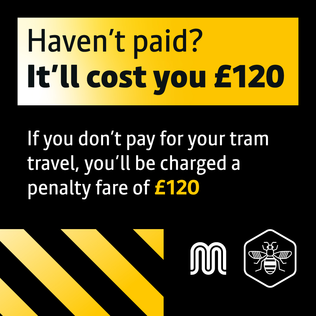 BeeNetwork's tweet image. Haven’t paid? It’ll cost you.

We’re cracking down. If you don’t pay for your tram journey, you’ll be charged a £120 penalty fare.

beenetwork.com/pay