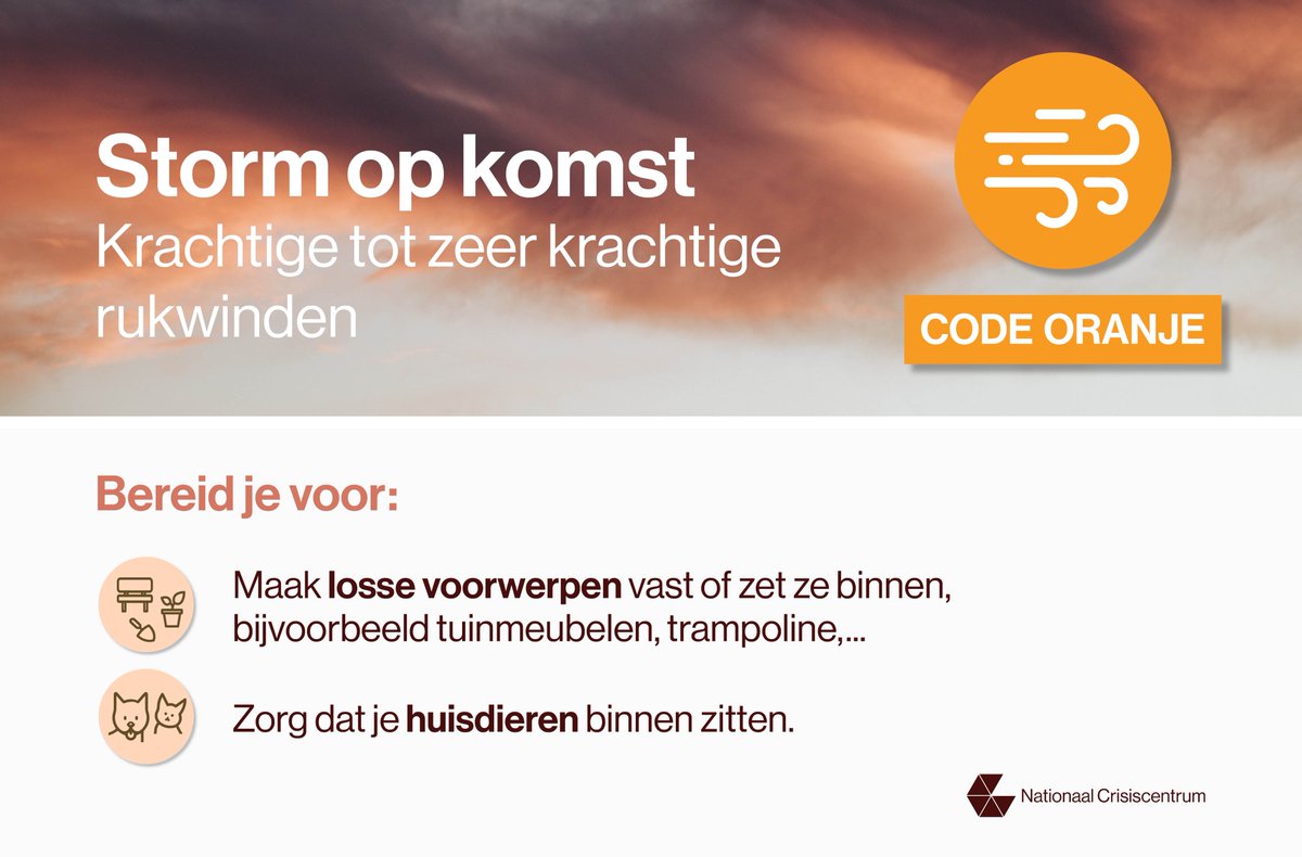 CrisiscenterBE's tweet photo. Het KMI voorspelt morgen hevige rukwinden. In de provincie West-Vlaanderen is code oranje van kracht. Lees hier tips over hoe je je kan voorbereiden op een storm: https://t.co/uywJTMEla6 https://t.co/LRT7j3lHFE