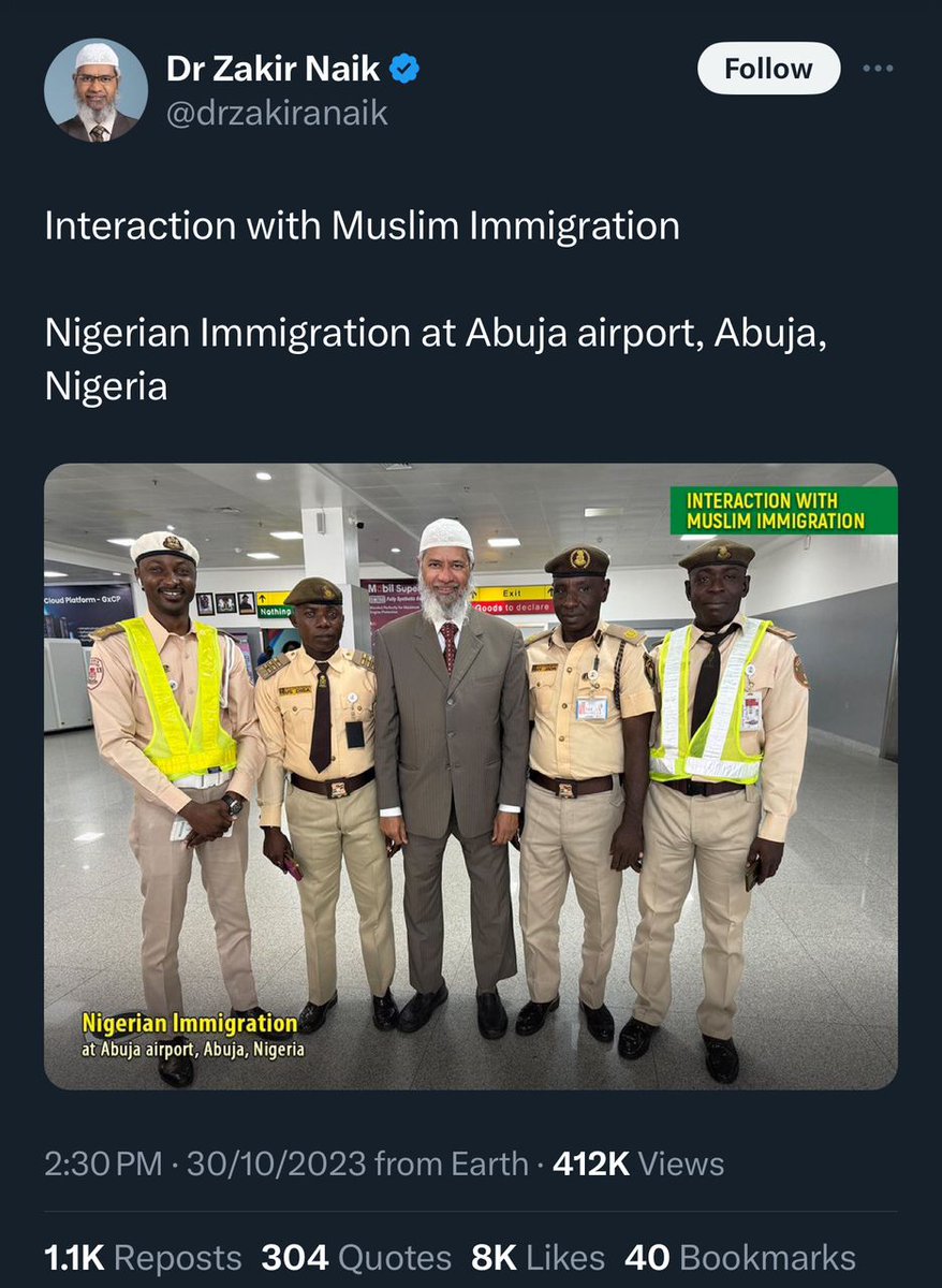 realFFK's tweet photo. I do not know who this strange Pakistani/Arab-looking hybrid & camel jockey known as Zakir Naik (@drzakiranaik) is or what hole he crawled out of but someone tell him that the Nigerian Airforce & Nigerian Immigration Service are NOT Muslim ones & to say otherwise is a function of his manifest ignorance.

Nigeria is a multi-religious, multi-cultural, multi-ethnic, secular and plural nation & therein lies our strength & pride.

Calling our Airforce & Immigration Service Muslim ones is a serious provocation & deep insult to our Christian Airforce & Immigration officers, to the 120 million-strong Christian community in our country & to the collective sensibilities of the Nigerian people & it is dangerous & divisive.

Zakir's prescence in Nigeria offers nothing but a bad stench.

How he managed to get a visa to come here in spite of his antecedents & despite the fact that he has been banned from entering America, Europe & other parts of the civilised world for being a fanatical Islamist, a dangerous subversive, a proselytising Jihadist, a blood-lusting terrorist, a relentless extremist & a deeply divisive, corrosive & malevolent figure beats me.

India Today wrote the following about him,  "Zakir Naik fled India in the wake of the Dhaka cafe blast of July 2016. He is accused of spreading hatred, funding terror & money laundering. He is now facing troubles in Malaysia which has given him permanent residency".

Why am I not surprised by this?  After all this is a man that said, "every Muslim should be a terrorist". 

The man is a plague & an affliction & I have no doubt that he posted his provocative words on X with malicious intent.

He came to our country to sow seeds of dissention & destruction, he has a wicked & evil agenda, he is not working alone & he is attempting to infiltrate & contaminate our people.

I thank God that he will fail because the Nigerian people cannot be fooled by his morbid delusions, satanic distortions, demonic manipulations & sinister interpretations. 

I call on the Federal Government to deport him & never allow him to come back again. 

We do not want him to plant his venomous rhetoric & toxic disposition into the spirit & soul of our nation or the hearts & minds of our people.

We must strive to avoid interaction with religious extremists & fanatics & malevolent lost souls like this misguided, hate-filled foreign warmonger.

We are ONE in this nation & we will not allow this strange-looking  hybrid to divide us.

Permit me to end with the words of Aare Kurunmi Akanfo (@AKakanfo). He wrote the following on his X account:

"You have to think the rest of Nigeria is daft & stupid to think a known preacher of hate & religious supremacist ideology can address the Nigerian Army & Nigerian Immigration as an Islamic Army or a Muslim Immigration in a religiously polarised country. The biggest victims of Islamic fundamentalists across the world are moderate muslims. If we want ISIS and Boko Haram to be a thing of the past in Nigeria and West Africa we must speak against religious extremism. Dr Zakir is well known for always inciting youths who are Muslims against the Government anywhere he goes to. Bangladesh and Malaysia which are both Muslim countries have banned him from preaching in their countries".

Aare is absolutely right. 

(FFK)