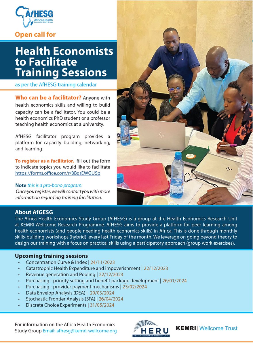 Are you a health economist interested in facilitating a training session? The AfHESG has an open call for health economics facilitators. 

To register, fill out the form to indicate topics you would like to facilitate  shorturl.at/pIJP3

See the poster for more information.