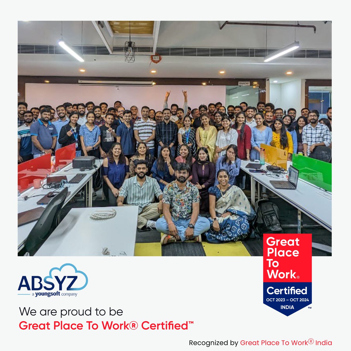 absyz's tweet photo. Once, twice, thrice is not enough! It’s the 4th time that we've clinched the prestigious #GreatPlacetoWork Award.🥳🎉 We’re thrilled with our achievement, &amp; we believe this is a resounding testament to the wonderful culture &amp; unbreakable bonds within the ABSYZ team. Thank you😍 https://t.co/NQN9Pb504U