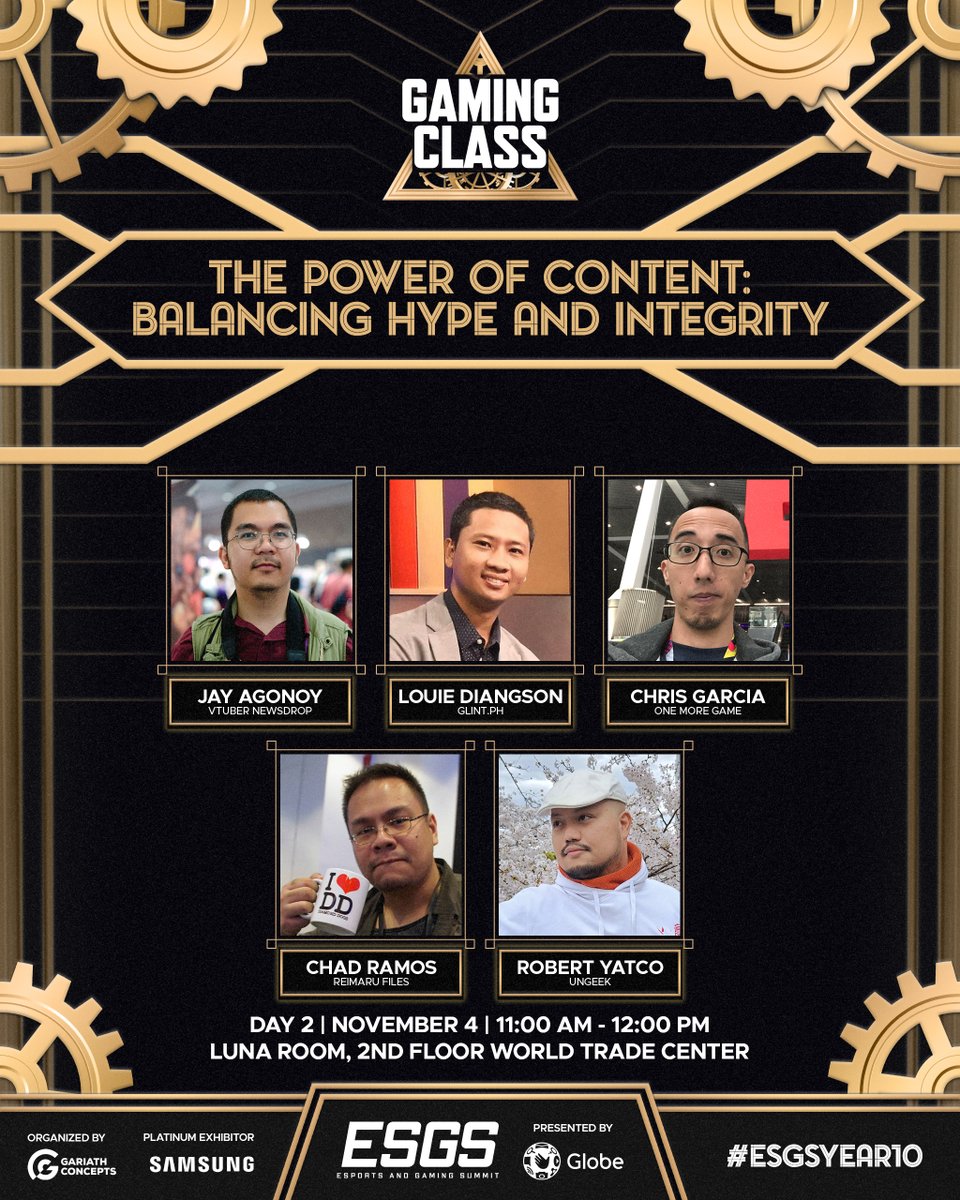Know more about responsible content creation and its benefits in promoting your product through this Gaming Class session featuring well-known and relevant gaming media &amp; content creators!

Be sure to check out their session on November 4, 11am to 12nn at the World Trade Center!
