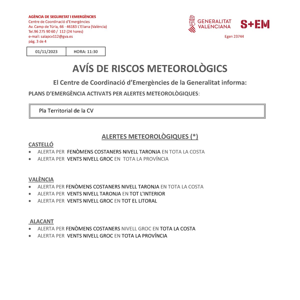 🚨 El Centro de Coordinación de Emergencias de la <a href="/generalitat/">Generalitat</a> emite un boletín de riesgos meteorológicos y establece:

🟠🌊 Riesgo nivel naranja por fenómenos costeros en todo el litoral de la Comunitat Valenciana

🟠🍃 Riesgo por vientos nivel naranja en todo el interior de la