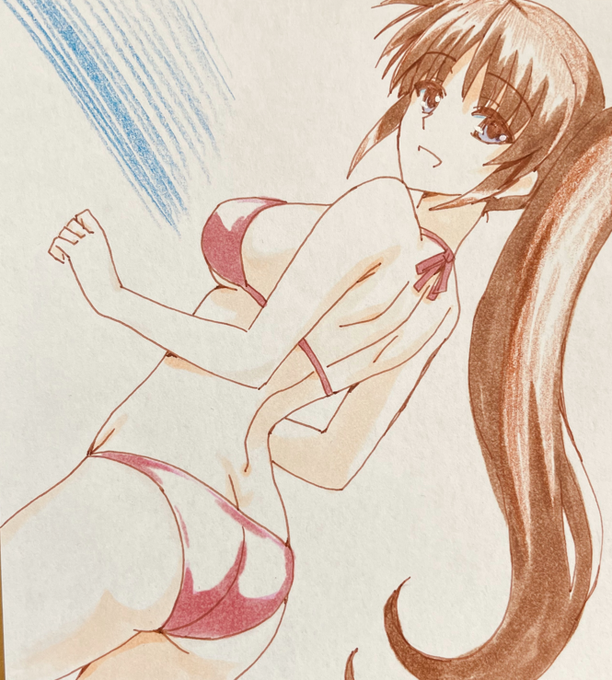 主線を茶色ペンで描いて
塗りに色鉛筆も使ってみた
アナログ絵なのはさんビキニ☆
色鉛筆、めっちゃムズイ^^ 