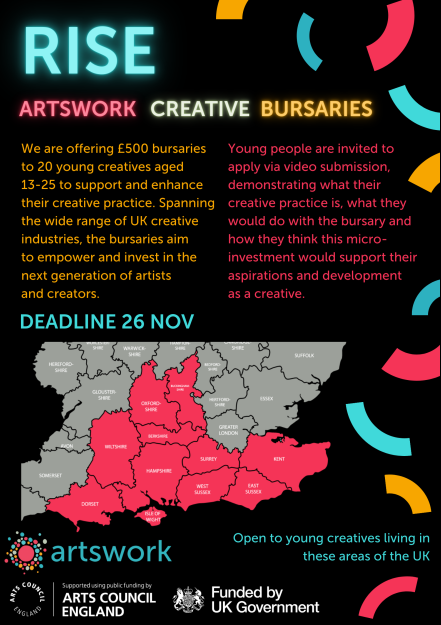 L👀K! @ArtsworkLtd offering £500 bursaries to 20 young creatives aged 13-25 across South of England. Please spread the word to creative young people in your networks. Deadline 26 Nov. Details & eligibility info via: artswork.org.uk/our-work-with-…