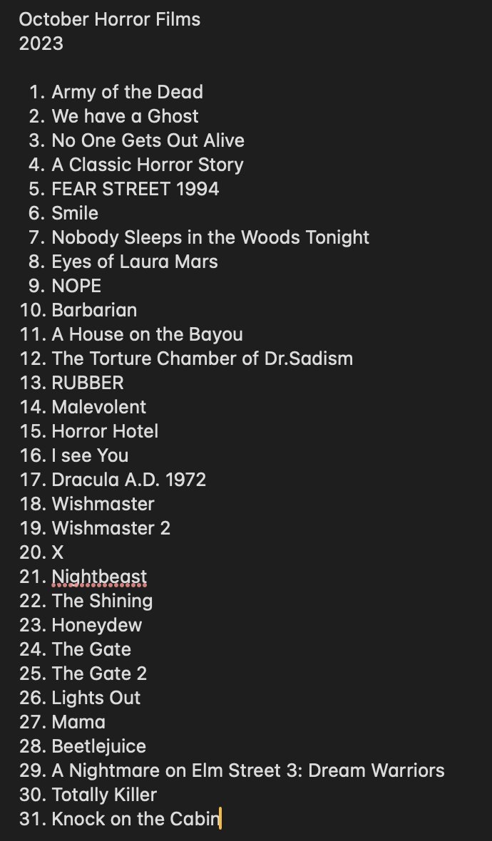 Here are the 31 horror movies I watched this month. 
I liked Smile, Rubber, Honeydew, Totally Killer and surprisingly, Knock at the Cabin.