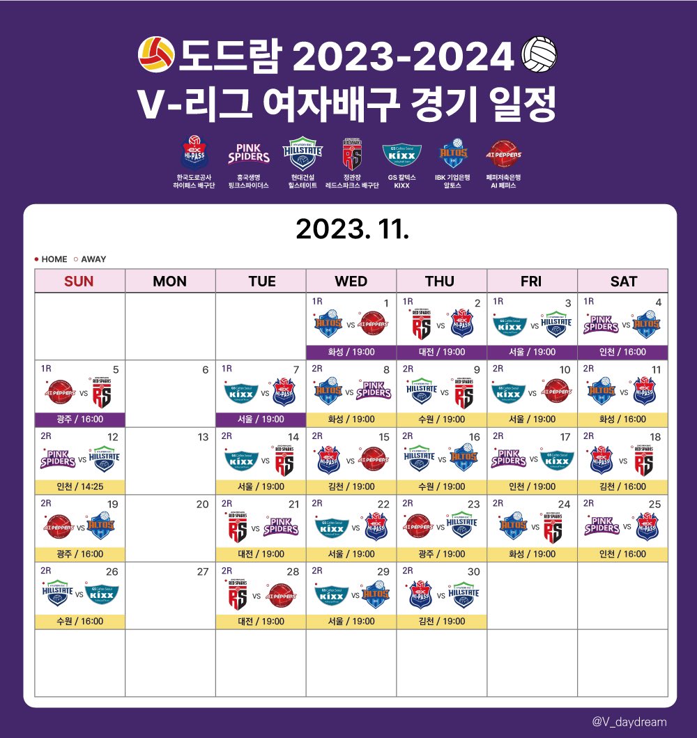 V_daydream's tweet photo. 🏐11월 경기일정 수정본 재업로드🏐
경기시간 변경 및 기존 이미지 오타로 인하여 수정 일정 재업로드 합니다!

1. 경기시간 변경
11월 12일: 16:00 ▶️ 14:25
* 흥국생명배구단 공지 참조

2. 오타 수정
11월 23일 
수정 전: 페퍼저축은행 vs GS칼텍스
수정 후: 페퍼저축은행 vs 현대건설 https://t.co/bo5uAL5P2a
