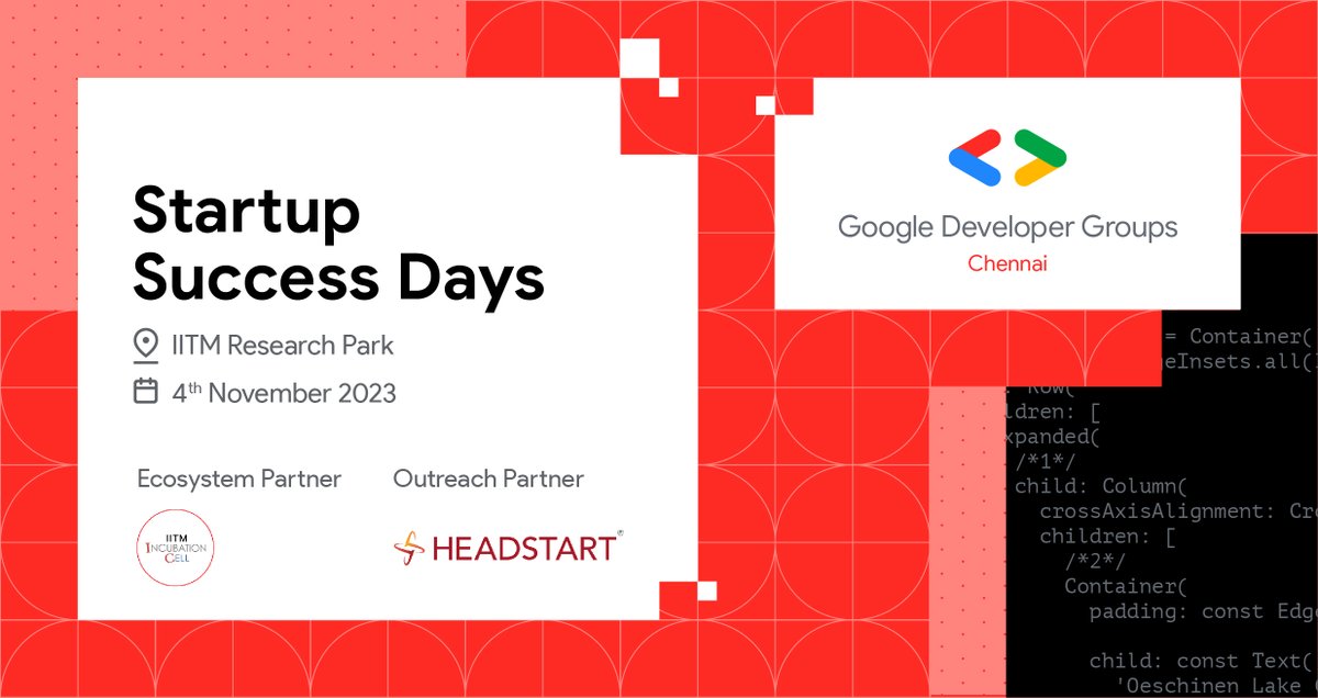 IITMIC's tweet image. Gear up Chennai!
#StartupSuccessDays is coming to your city on November 4th!
Register here👉ttps://goo.gle/ssd
Here's your chance to learn, build & grow your products & businesses with the best of Google!
#StartupSuccessDays #GoogleDeveloperGroups