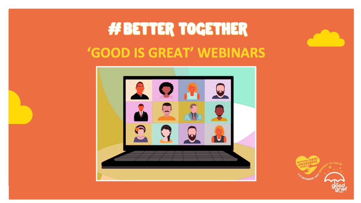 goodgrieftrust's tweet photo. Good morning

It's November already, and tomorrow marks the 4 week countdown until #NationalGriefAwarenessWeek 2023 which runs from the 2nd - 8th of December. 

We are delighted to announce that registration is now open to join our #GoodisGreat Webinars. 

We look forward to discussing these important topics with our panel of experts and hearing your thoughts on bereavement support and how we can improve services for those grieving across the UK

#GoodisGreat - Webinar 1
Compassionate Bereavement Support in the Workplace
Monday 4th December - 12pm - 1pm

Register here:

https://t.co/NgU2qZFrcq 

#GoodisGreat - Webinar 2
Funerals - Improving Support for Bereaved Families
Thursday 7th December - 4.30pm - 5.30pm

Register here: 

https://t.co/p5ltdyFkQk 

#BetterTogether