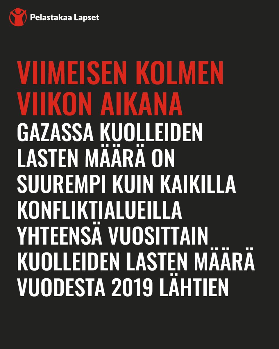 pelastakaalapse's tweet photo. ❗ Yksikin lapsiuhri on liikaa ❗

Gazassa on kolmen viikon aikana kuollut lähes 3200 lasta ja yli 6300 lasta on loukkaantunut. 1000 lasta on kateissa.

Vaadimme välitöntä tulitaukoa. https://t.co/O7Lu0dpgbw