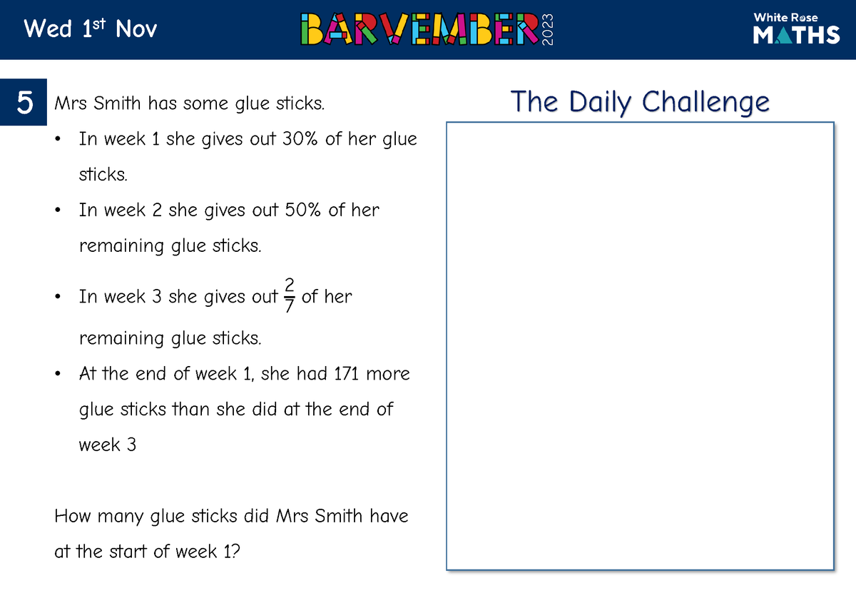 WRMathsSec's tweet photo. Today's challenge question is all about glue sticks! 

How many glue sticks did Mrs Smith have at the start of week 1? ✏️

Download your questions here: https://t.co/3HXHPbKYvw

#Barvember2023 https://t.co/eFgnK5HbF2