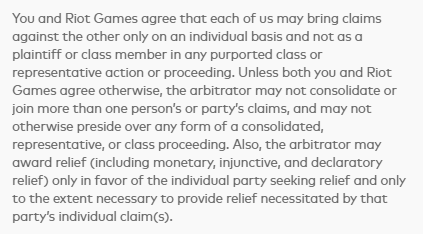 vinuscule's tweet photo. riot promised to end forced arbitration for employees 4+ years ago, but as of last year hadn't done so. now they're asking anybody playing their games to agree to forced arbitration and to waive the right to class action lawsuits? 😮 https://t.co/YSYCqR8x9Y