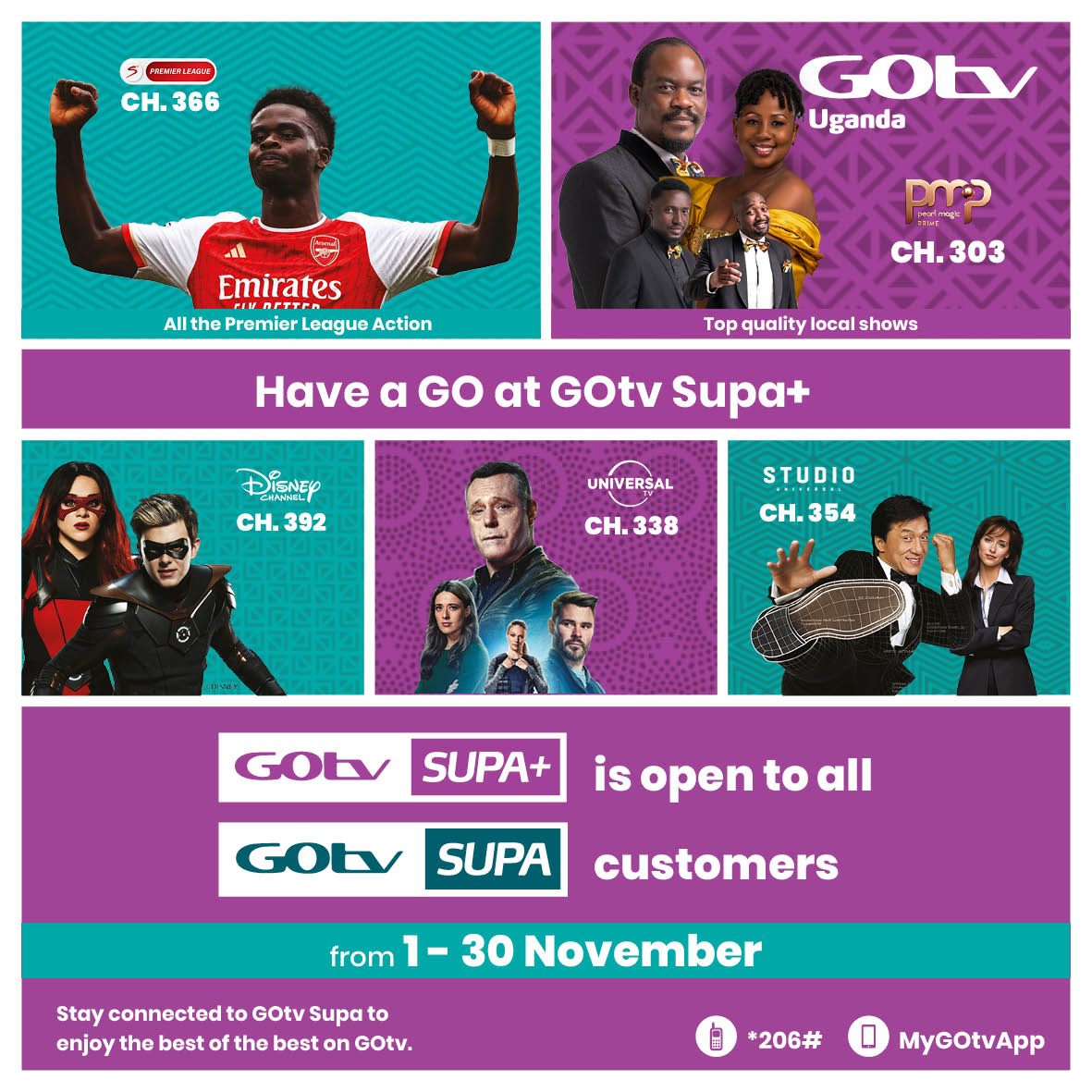 GOtvUganda's tweet photo. GREAT OFFER ALERT🚨 ‼️

As part of our ongoing commitment to bring the best entertainment experience to our customers, we are opening GOtv Supa+ to all our GOtv Supa customers to delight them with more unbeatable content for the entire month of November. 1/7 https://t.co/vQxgFRLHDo