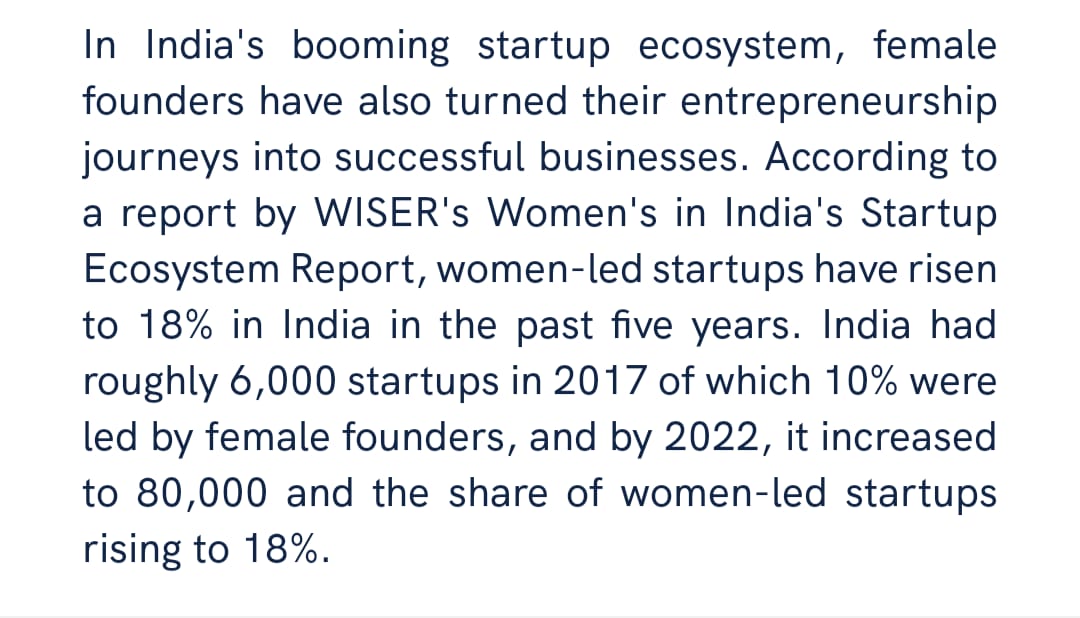 N_RamchanderRao's tweet photo. India's startup landscape is flourishing, and women entrepreneurs are leading the way. 

According to WISER's Women in India's Startup Ecosystem Report, female-led startups have seen remarkable growth, now accounting for 18% of the ecosystem. From 600 in 2017 to 14,400 in 2022, women-led startups are driving progress and empowering our workforce. 

This is a testament to our commitment to an inclusive society with equal opportunities for all, as envisioned by our Prime Minister.

#WomenEmpowerment @narendramodi