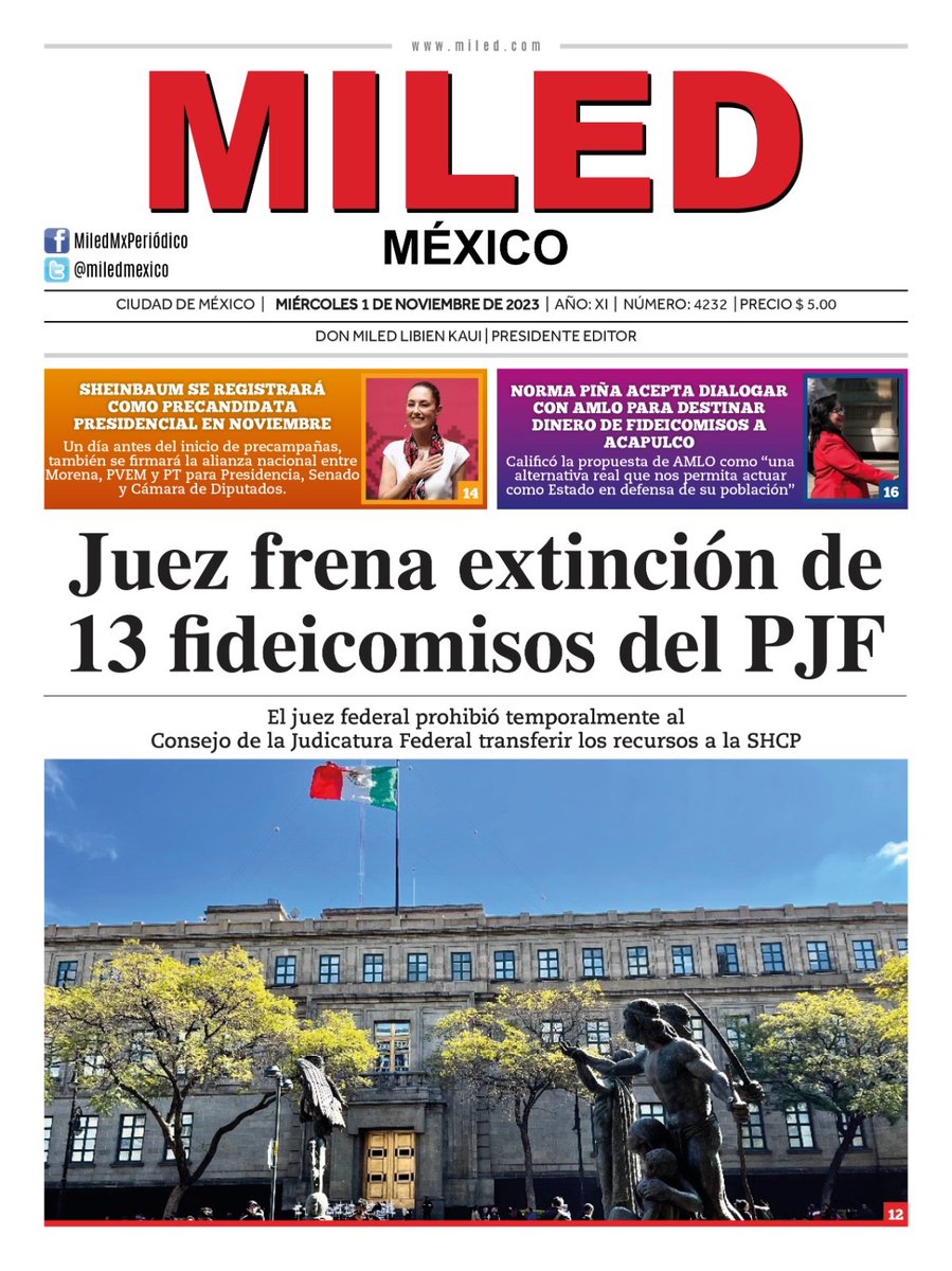 noticiasmiled's tweet photo. #Portada
Despierta siempre con la mejor informacion de noticias a nivel nacional e internacional, hoy en la portada de MILED MÉXICO:
Juez frena extinción de 13 fideicomisos del PJF
Síguenos por https://t.co/0abKcFl8nZ y por todas las redes de Grupo MILED.
#MILED #GrupoMILED https://t.co/AqWnmNJc2q