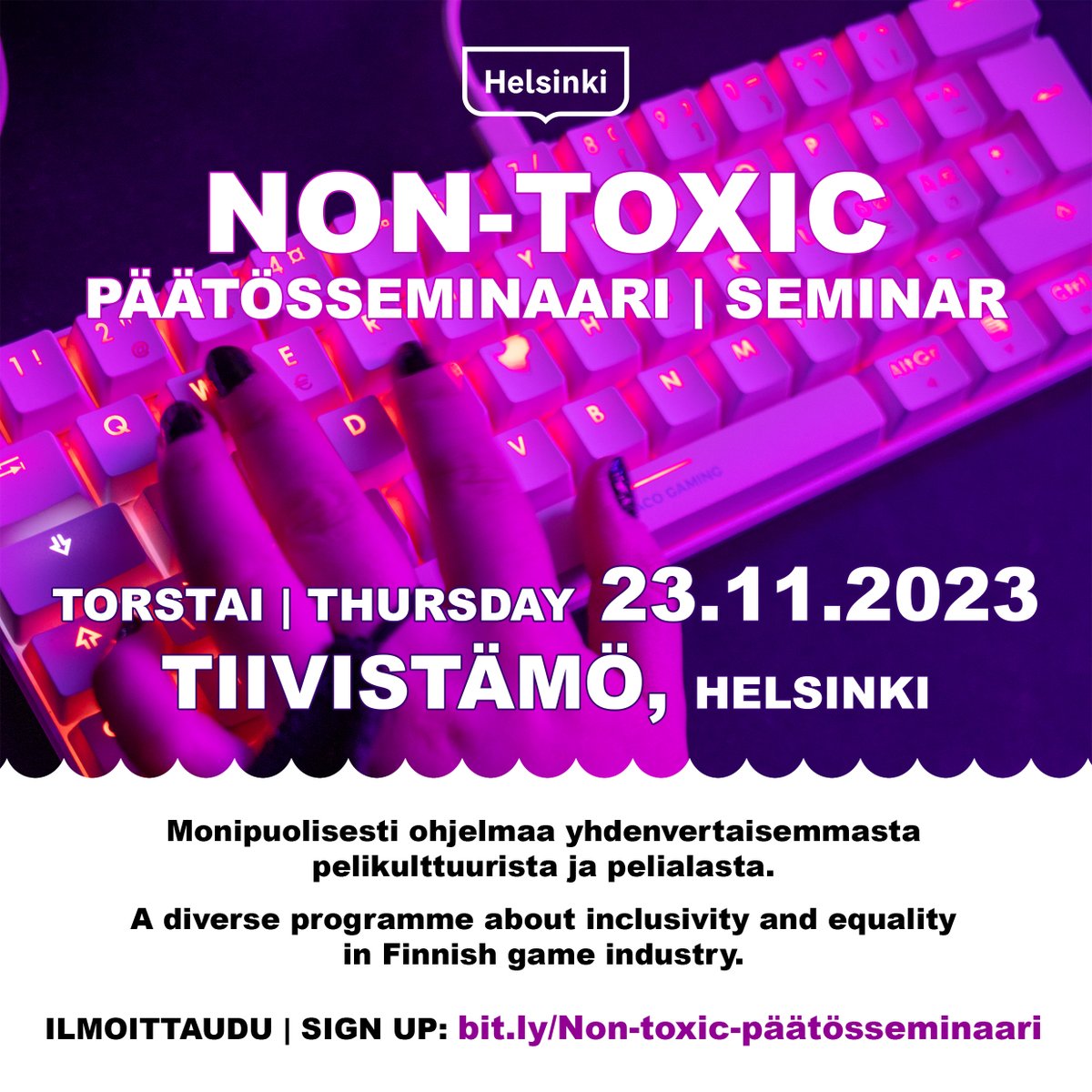 Tervetuloa päätösseminaariin!🎮Mukana puheenvuoroja pelikehityksestä, pelitutkimuksesta, e-urheilusta sekä nuorisotyöstä. Tule nappaamaan hyviä kokemuksia ja työkaluja pelikulttuurin eri aloilta!🤩

Ilmoittaudu maksuttomaan seminaariin
👉bit.ly/Non-toxic-päät… #pelikasvatus
