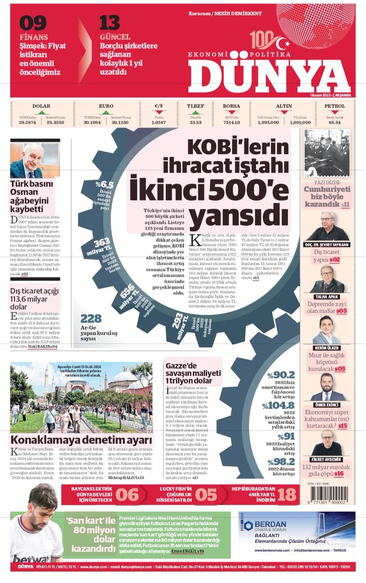 📌 #KOBİ'lerin #ihracat iştahı İkinci 500'e yansıdı

📌 Türk basını Osman ağabeyini kaybetti 

📌 Konaklamaya denetim ayarı

📌 #Gazze'de savaşın maliyeti 1 trilyon dolar

Detaylar ve daha fazlası dunya.com'da.