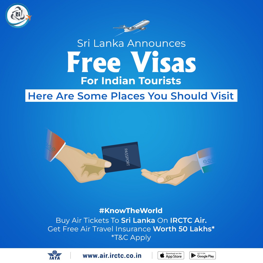 IRCTCofficial's tweet photo. With #SriLanka announcing free visas for Indian tourists, it's time to add its wonders to your bucket list.
Book flights to Sri Lanka on https://t.co/7OcpVDKkEg /download the #IRCTC #Air app and #KnowTheWorld.
Get free #AirTravel insurance worth 50 lakhs.
#TravelSriLanka #AirTravel #Offers #Deals #AdventuresAwait #TravelGoals