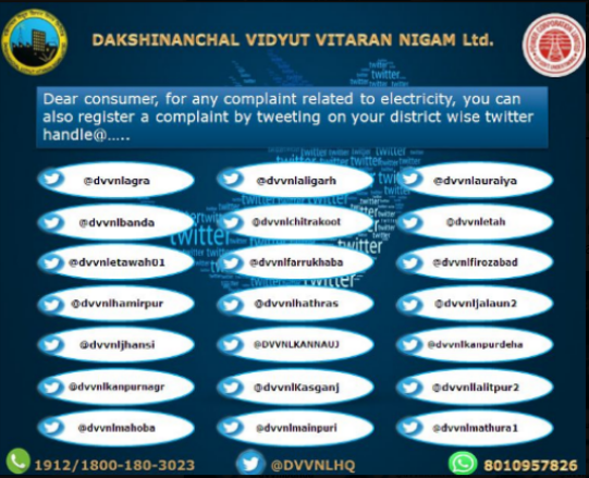 dvvnlhq's tweet photo. Dear consumer, for any complaint related to electricity, You can also register a complaint by tweeting on your district wise twitter handle @mduppcl @UPPCLLKO @UppclChairman @EMofficeUP @MDDVVNL @DvvnlDirComm @DvvnlDirectorT @CMOfficeUP @aksharmaBharat https://t.co/K65OXme0sa