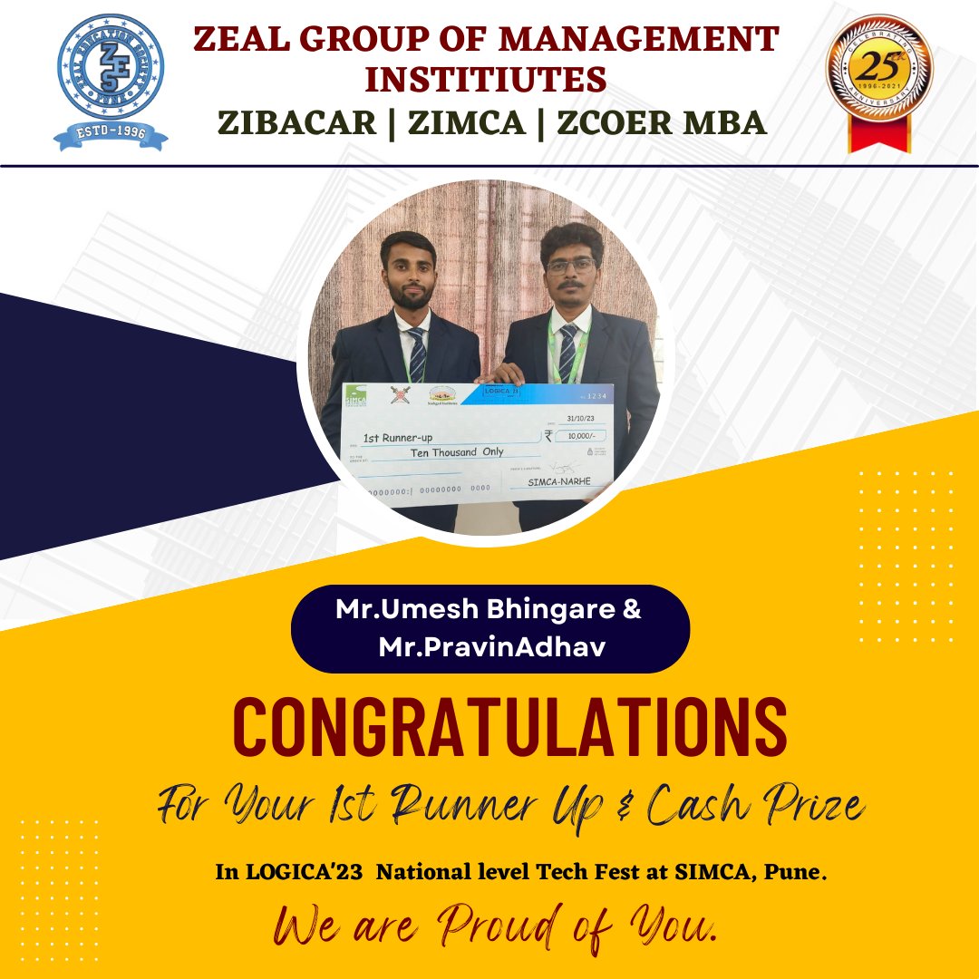 Zeal_Mba's tweet photo. 💐💐 Proud Moment for All of Us.💐💐
Our MCA I two students Mr.Umesh Bhingare &amp; Mr.Pravin Adhav have won Rs.10,000 Cash &amp; were First Runner Up in  LOGICA'23  National level Tech Fest Competition at SIMCA, Pune.✨💐
Dear Umesh &amp; Pravin thank you so much for making us proud.♥️✨ https://t.co/MdQLctIq1x