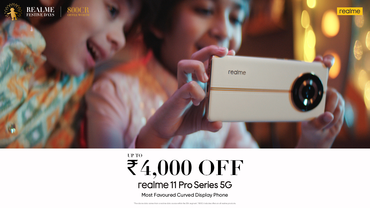 Embrace the festivities with the most favored curved display phone! ✨ 

Enjoy up to ₹4,000 off on the #realme11ProSeries5G. Shop now! 🛒

#DareToShine #realmeFestiveDays #realme800CrOffer #realmeFestiveSale 

Know more: bit.ly/3RqJsma