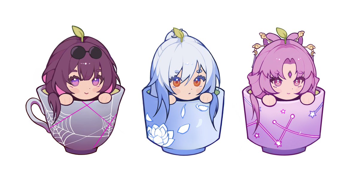 multiple girls in cup 3girls in container short eyebrows purple hair chibi  illustration images