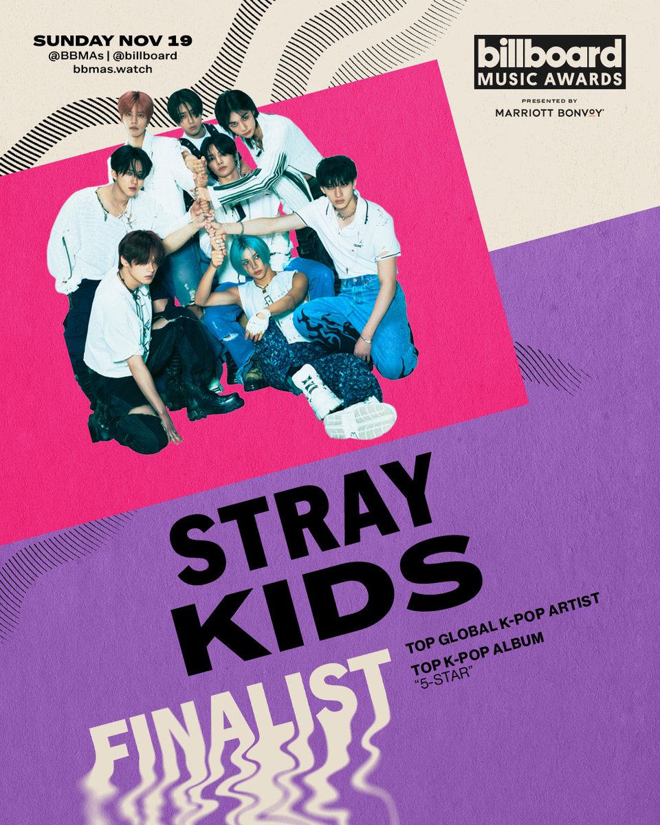 [Billboard Music Awards] We are so honored to be a finalist at this year's #BBMAs! Tune in Sunday, November 19th via @BBMAs, @billboard and bbmas.watch! 🏆TOP GLOBAL K-POP ARTIST 🏆TOP K-POP ALBUM #StrayKids #스트레이키즈 #BBMAs #5_STAR #樂_STAR #ROCK_STAR #락 #樂…