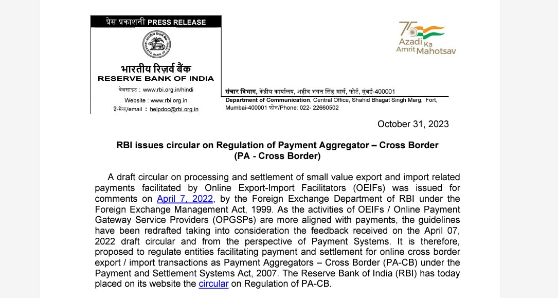 simplykashif's tweet photo. Latest RBI circular can have a direct impact on crypto:

RBI has brought all entities facilitating cross border payment transactions for import and export of goods and services under its ambit and umbrella.

Such entities shall be treated as Payment Aggregator-Cross Border will require a license to conduct their operations.

Entities, including Authorized Dealer (AD) banks, PAs and PAs-CB, involved in processing / settlement of cross-border payment transactions for import and export of goods and services, shall comply with these instructions

It can have a direct impact on crypto:

- Reporting by crypto exchanges
-Get license and be more compliant
- Wallets: Custodial and Non custodial
-DeFi ecosystem.

The link to the circular is mentioned in comment section.