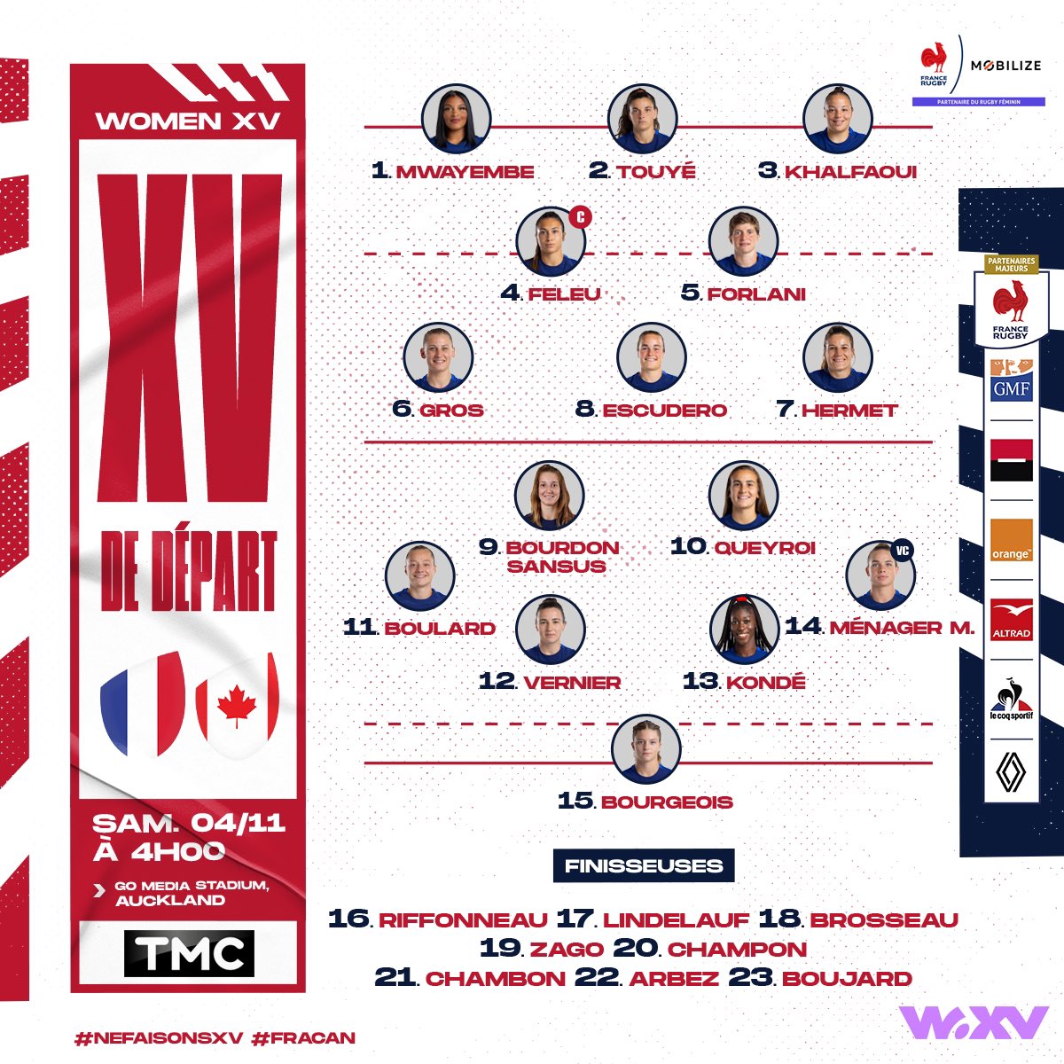 🇫🇷⚡️🇨🇦 La 𝗖𝗢𝗠𝗣𝗢 ! Les Bleues affrontent le Canada dans la nuit de vendredi à samedi pour leur dernier match du 𝗪𝗼𝗺𝗲𝗻 𝗫𝗩 #WXVRugby #NeFaisonsXV #XVdeFrance #FRACAN