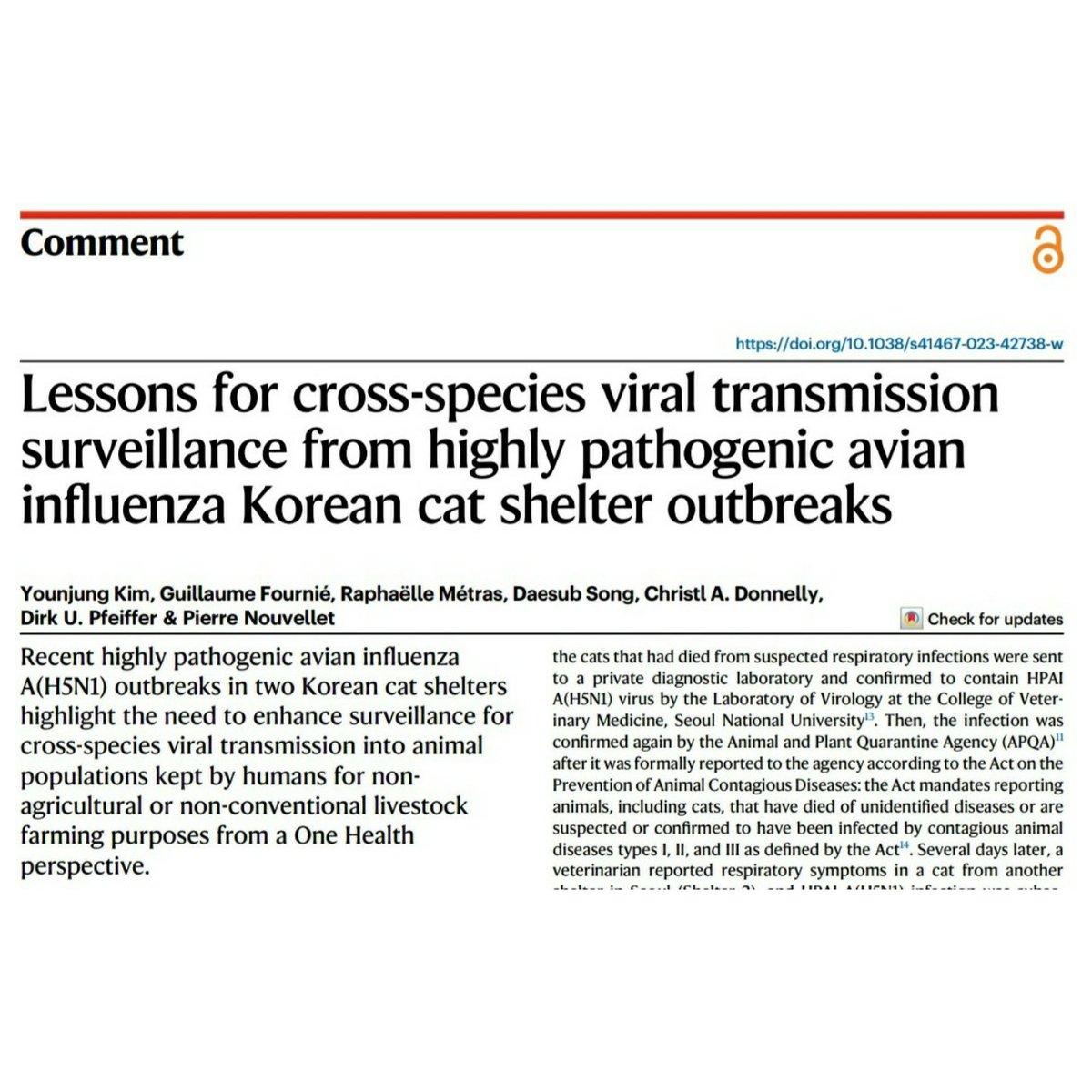 Our Comment article on recent HPAI A(H5N1) Korean cat shelter outbreaks has just been published in @NatureComms: rdcu.be/dpWhb