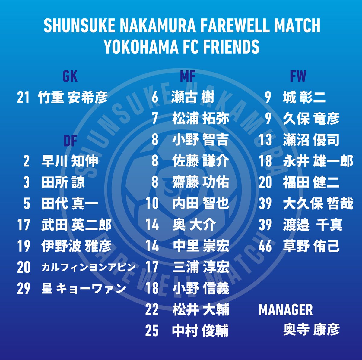 snfwm_1217's tweet photo. ◤◢��出場選手決定◢◤◢  
両チームの出場選手が決定✨
12/17(日)三ツ沢が熱くなります🔥
みなさまお楽しみに！！
※なお追加のメンバーは順次お知らせいたします。

詳細はこちら👉https://t.co/Wbk58HQ33L

#ありがとう俊輔
#ThankyouNAKA https://t.co/cXF3GS84sw