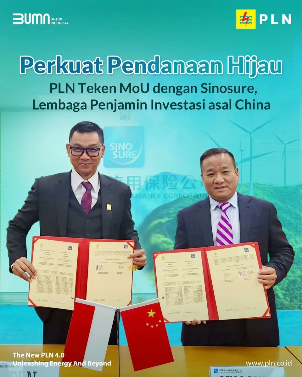 PLNKaltimra's tweet photo. PLN menandatangani MoU dengan salah satu lembaga pembiayaan dan penjaminan investasi asal China, Sinosure. Kerja sama PLN dengan Sinosure merupakan langkah percepatan akses pendanaan hijau untuk transisi energi di Indonesia.
#InterconnectivityPLN #HLN78 #HariListrikNasional78 https://t.co/iz1spl5rnf