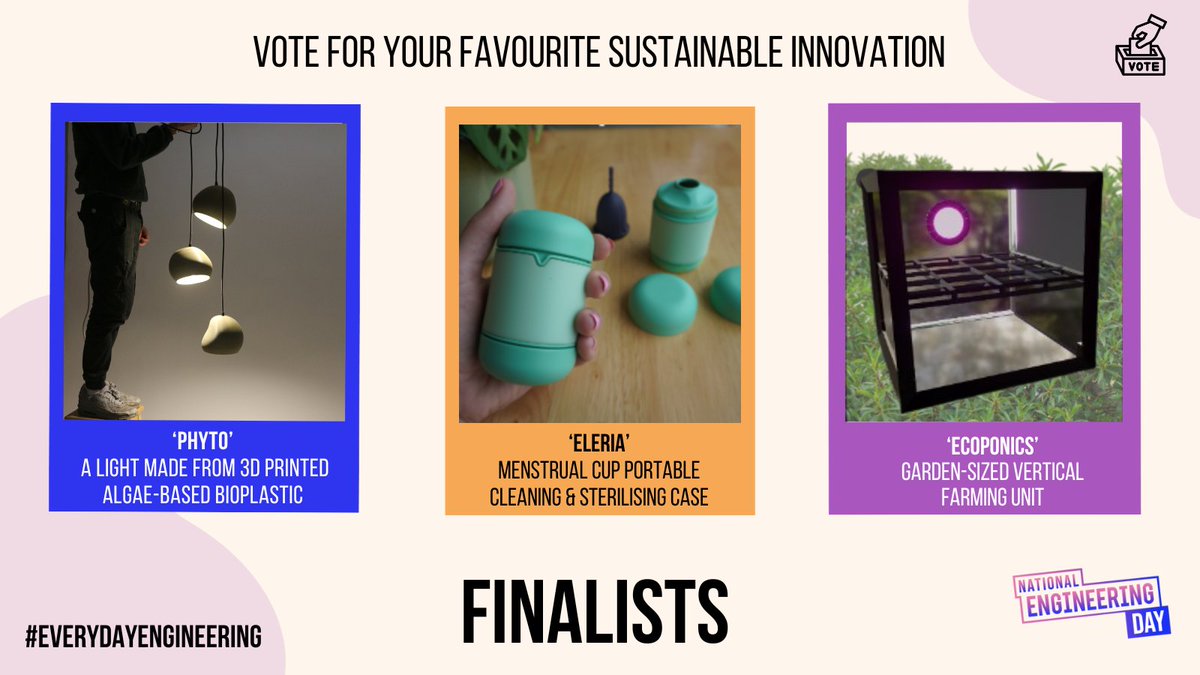 RAEngNews's tweet photo. Our #EverydayEngineering finalists are a portable menstrual cup cleaning and sterilising case, an algae-based bioplastic pendant light and a customisable vertical farming unit.

Find out more about these marvellous inventions and don't forget to vote! https://t.co/kglvwOEYPR https://t.co/L2IUlqajRu