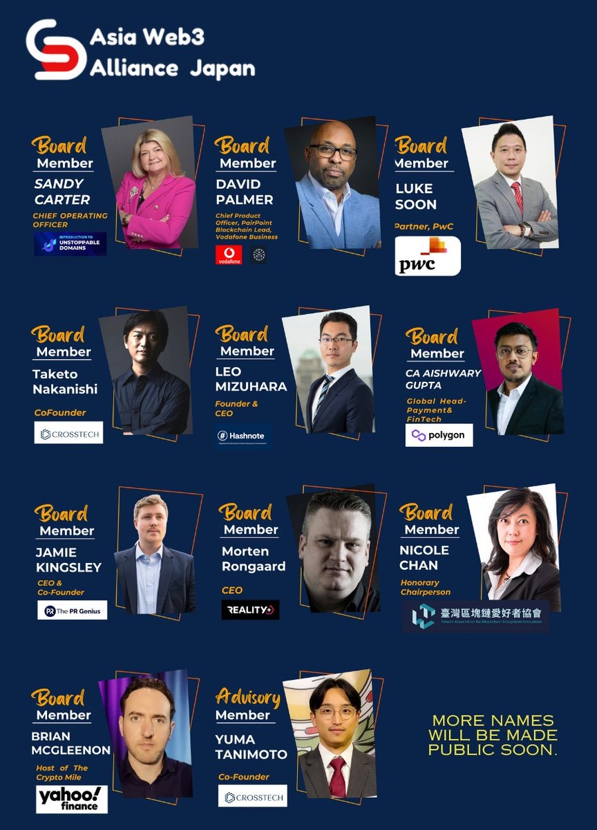AWAJ_official's tweet photo. Unveiling the amazing lineup of Board Members for Asia Web3 Alliance Japan!
Asia Web3 Alliance Japan comprises visionaries, innovators, and leaders who aim to drive Web3 adoption across Japan and Asia.
https://t.co/HBM9HPTpQq
#AWAJ #AsiaWeb3AllianceJP #Web3 https://t.co/23vxoRkbz7