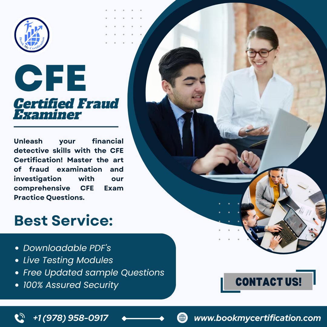 #Bookmycertification offers a comprehensive platform for #CertifiedFraudExaminer (CFE) #certification, providing #freesamplequestions and #LIVEtestingmodules to help you excel.
Contact on WhatsApp: wa.me/19789580917
Visit our website bookmycertification.com