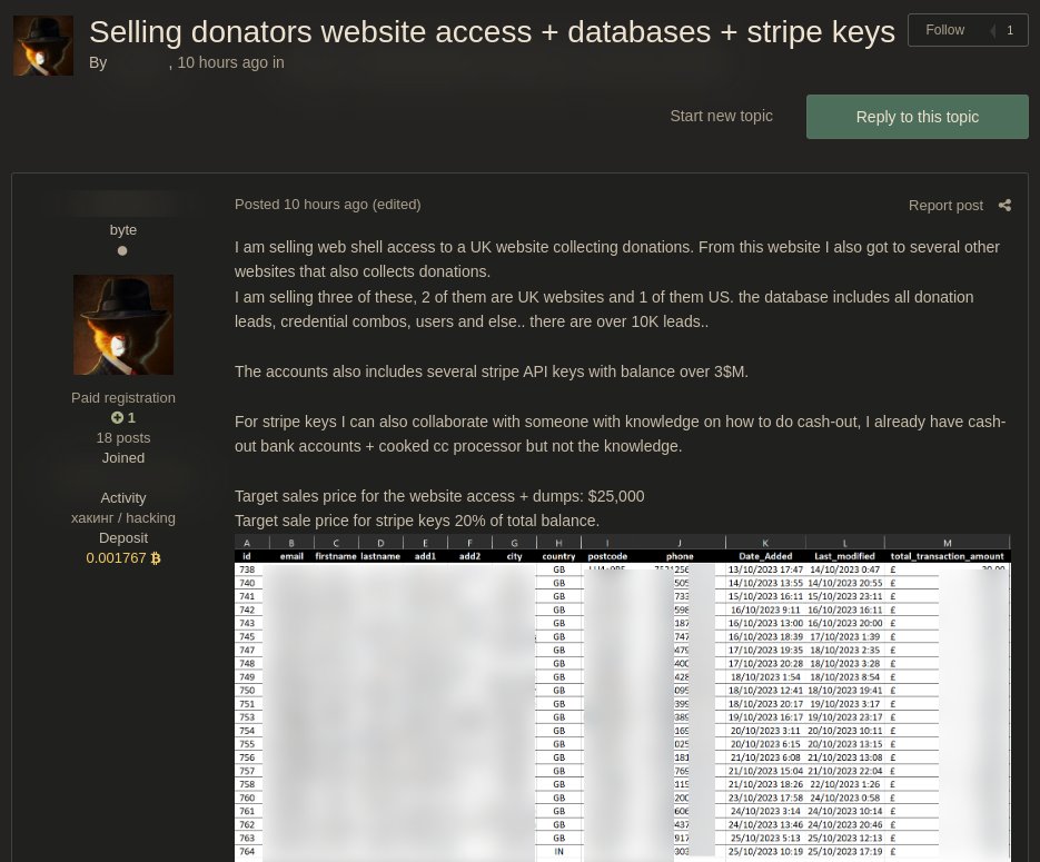 FalconFeeds.io on X: A forum user is offering for sale unauthorized access  to several websites that collect donations, along with their associated  databases and Stripe API keys. The databases contain over 10K