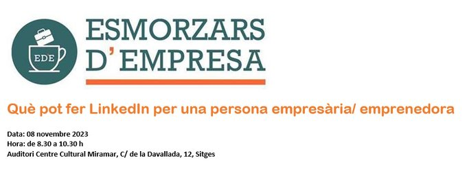 Et convido a venir a l'esmorzar d'empresa de l'Ajuntament de Sitges on faré la conferència 'Què pot fer #LinkedIn per a una persona empresaria/emprenedora' 🗓 8/11/23 ⏰De 8.30h a 10.30h 📍Sitges ✍️sitges.cat/serveis/promoc… #LaGornal #Penedès #Vilafranca #ElVendrell #SantSadurní