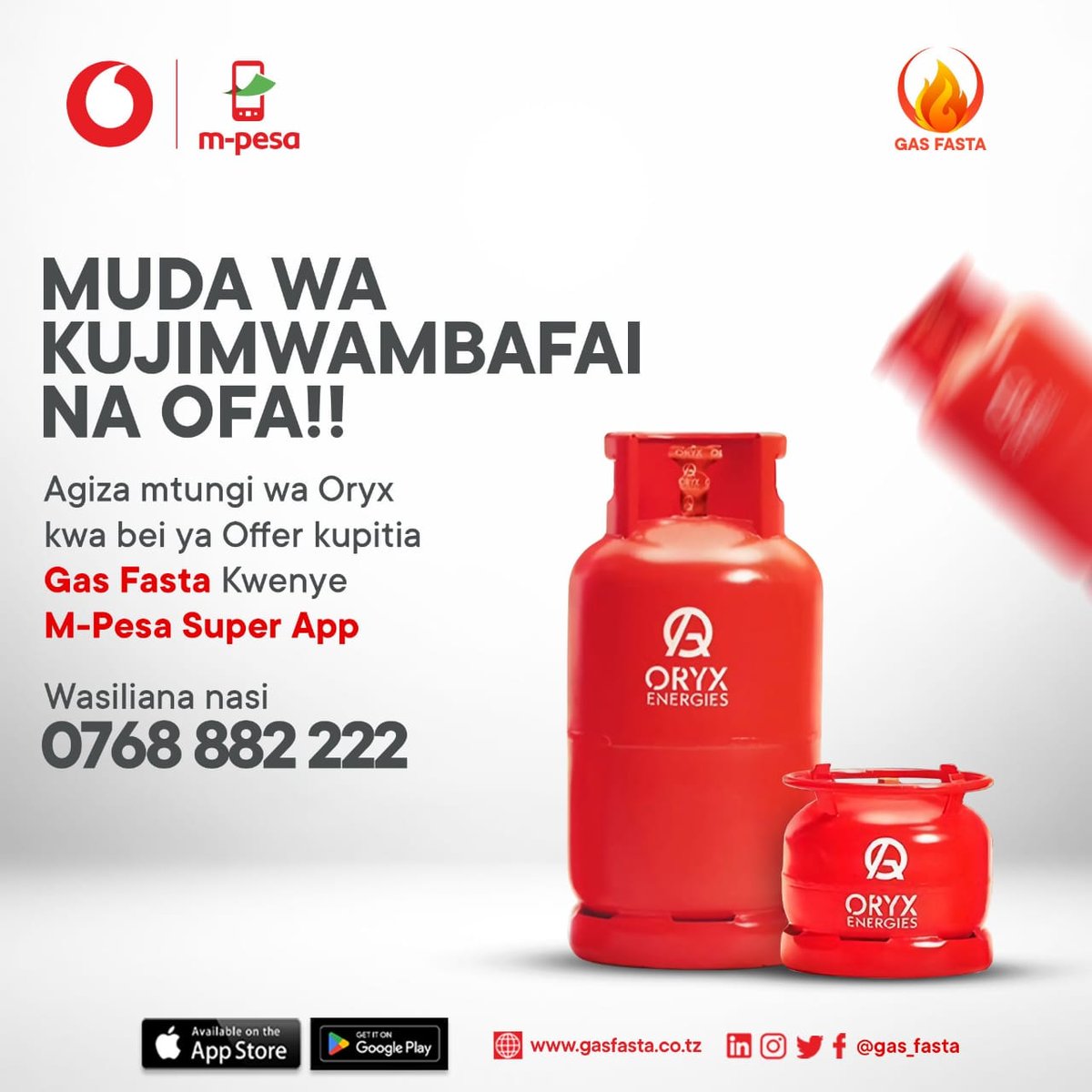 FastaGas's tweet photo. AGIZA mtungi wa Oryx kwa bei ya OFFER popote ulipo jijini Dar-es-Salaam kupitia Mini App ya GASFASTA kwenye Mpesa App! Pakua app ya M-Pesa kupitia google playstore au app store.

#Gesikiganjani #zaidiyamtandao #MPesaSuperApp #gasfasta #gesinigasfasta #nishatisafi #oryxenergies https://t.co/hpJrhgCVkF