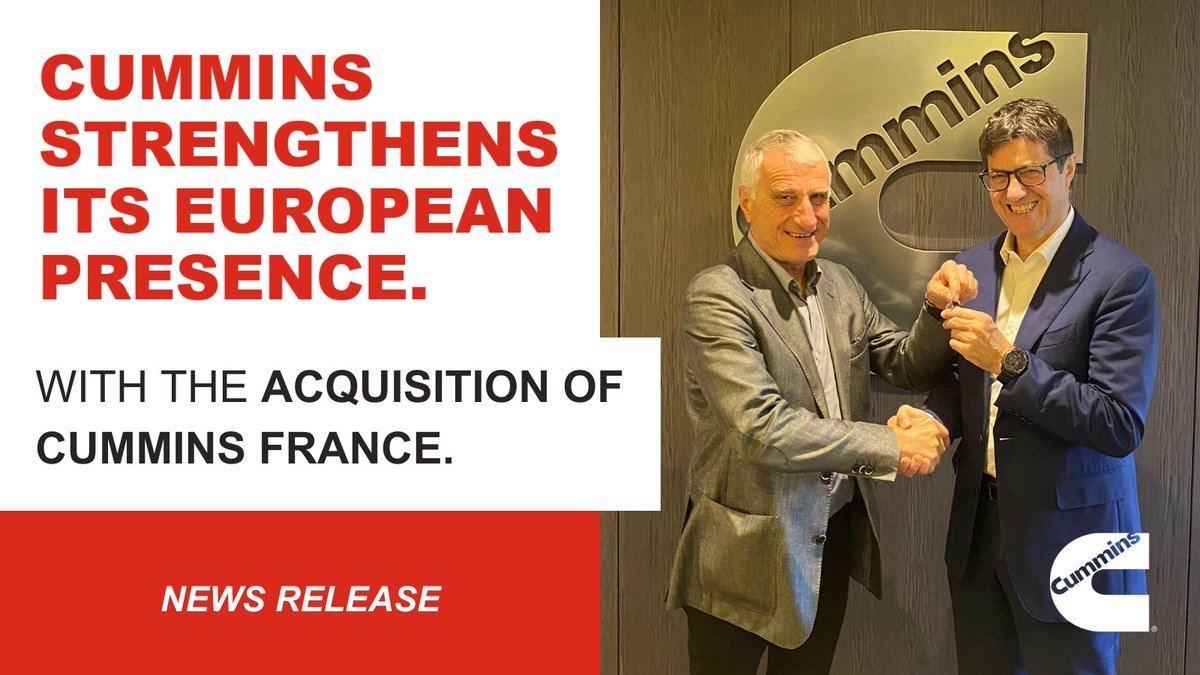 We are pleased to announce that the company completed the acquisition of Cummins France, one of the last major independent Cummins distributors in Europe. 

Find out more in our press release: cummins.com/news/releases/…

#CumminsFrance #CumminsAcquisition #BusinessAcquisition