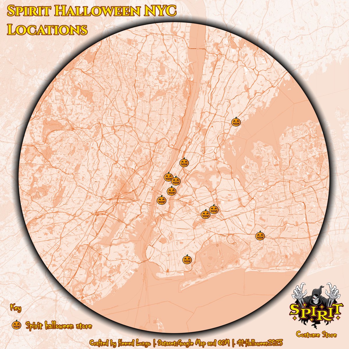 #30DayMapChallenge | Day 1 - Points Fresh from #Halloween2023🎃 The Map🗺️ below shows Spirit Halloween Stores Locations📍 in New York City ,U.S🇺🇸 #gischat #geospatial #map #qgis #SpiritHalloween