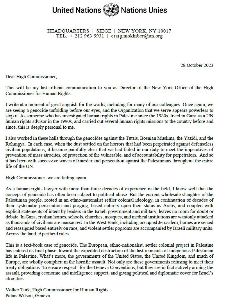 nickhedley's tweet image. This resignation letter by the director of the UN's New York office is quite something.