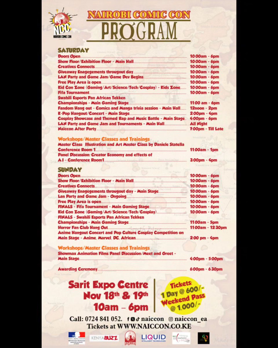 NAICCON's tweet photo. Here's the program for the 2 days, fam. We have SO MUCH in store for ya'll. 👀 Seen something special?

Get your tickets now! Link in Bio.

#NairobiComicCon2023 #NairobiComicCon https://t.co/0zMQrepZaP