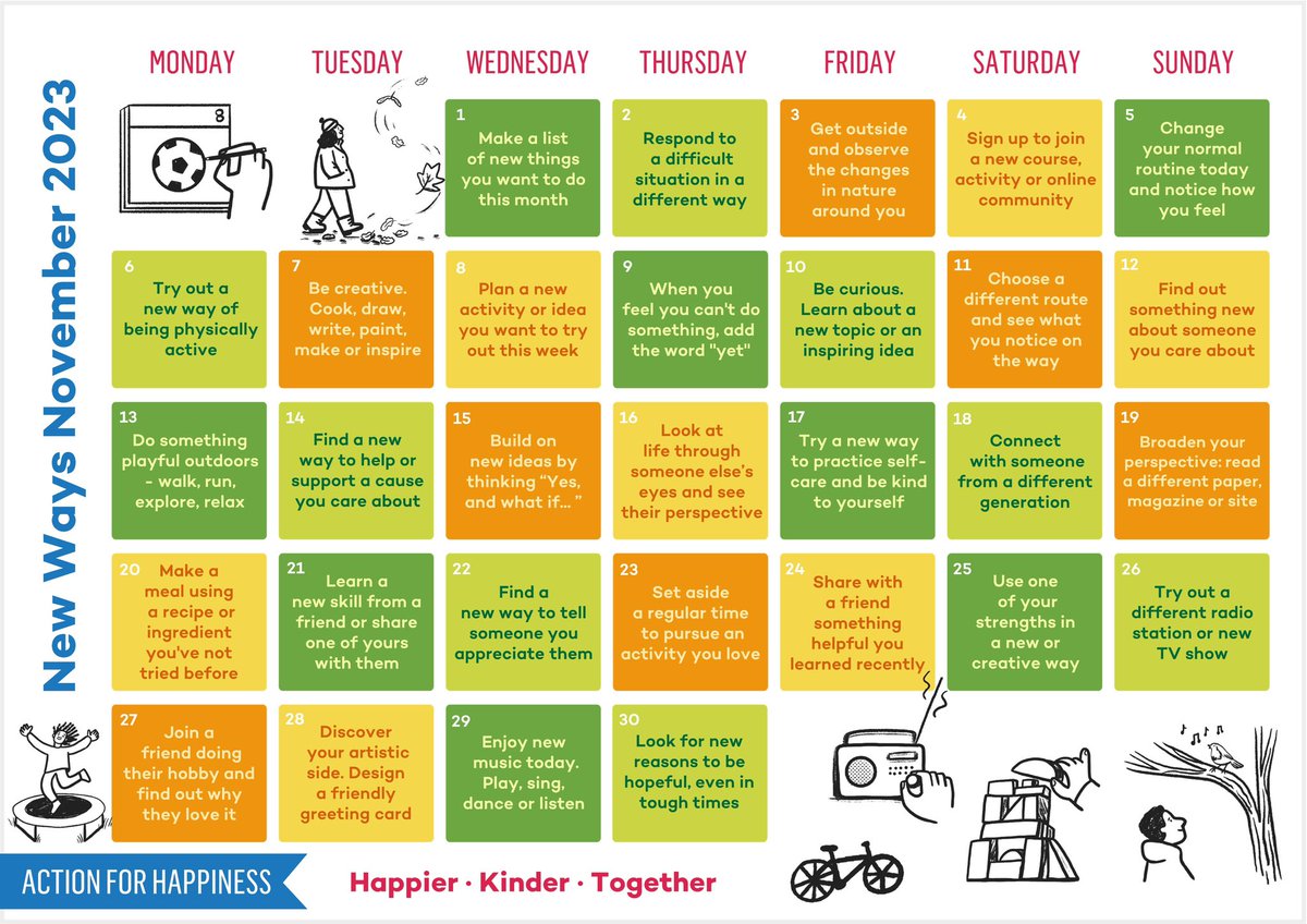 New Ways November - Day 1: Make a list of new things you want to do this month actionforhappiness.org/new-ways-novem… #NewWaysNovember