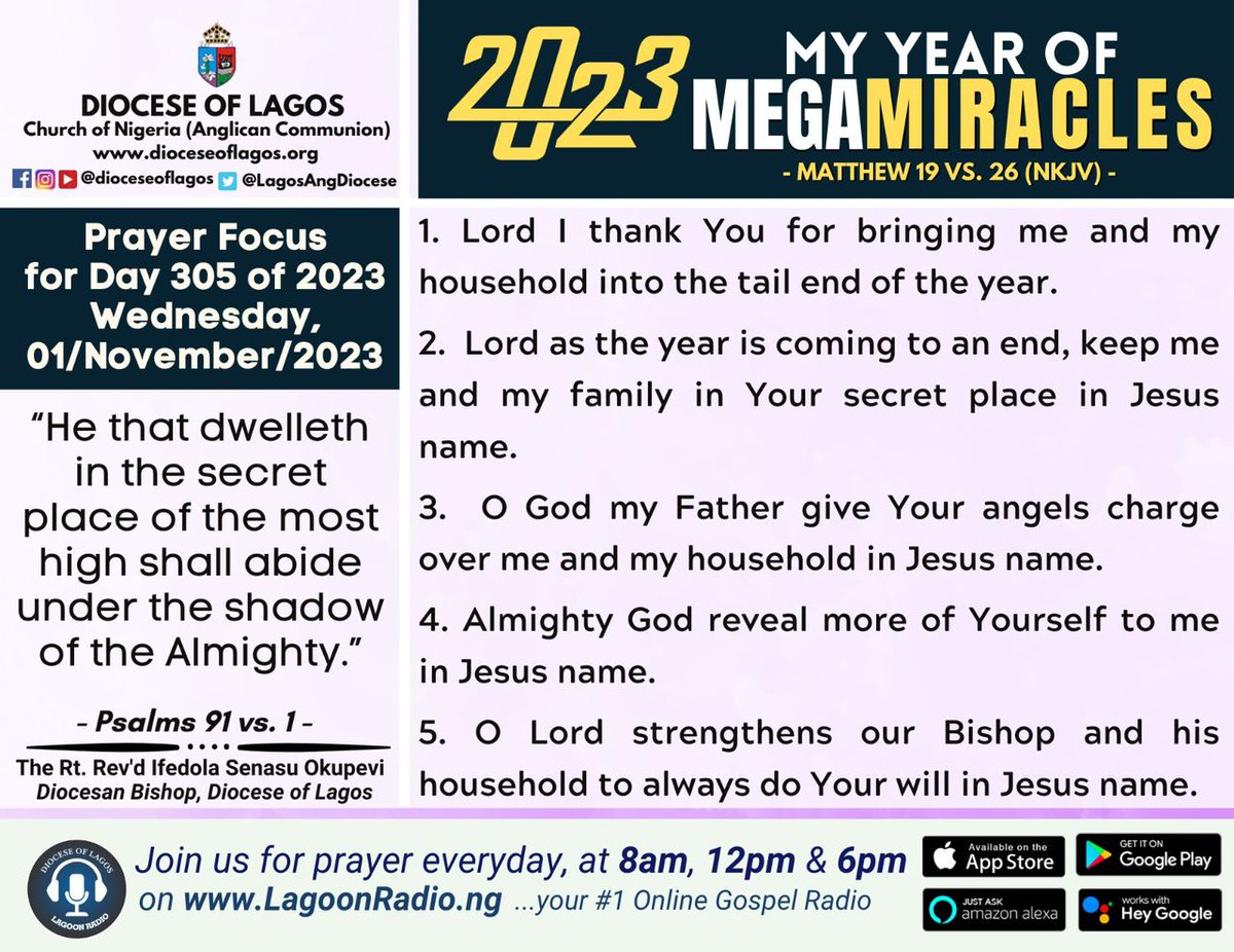 LagosAngDiocese's tweet photo. The Lord has been so gracious unto us and has brought us into the eleventh hour of this year 2023.
#dioceseoflagos #prayercard #bishopokupevi #prayers #praythroughtheprocess #letuspray #prayerfortheday #MegaMiracles https://t.co/TinIsa6dwb